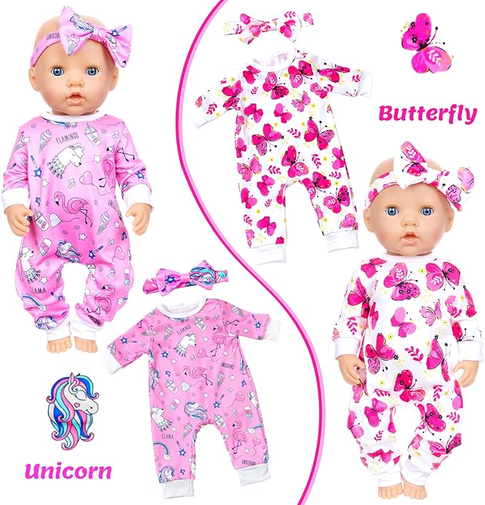Ecore Fun 5 Sets Baby Doll Outfits & Headbands – 10 pcs for 14"-18" Baby Dolls | Cute Jumpsuit & Hair Accessory Set for Dress-Up Play