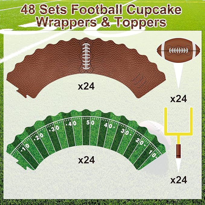 Nuenen 96 Pcs Football Cupcake Toppers and Wrappers Set Football Theme Cupcakes Decorations Sports Game Day Themed Cake Holders and Picks for Birthday Sport Party Decorations Supplies (Classic)
