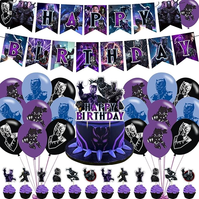 Panther of Black Party Decorations,Panther of Black Birthday Party Supplies Includes Banner - Cake Topper - 12 Cupcake Toppers - 18 Balloons