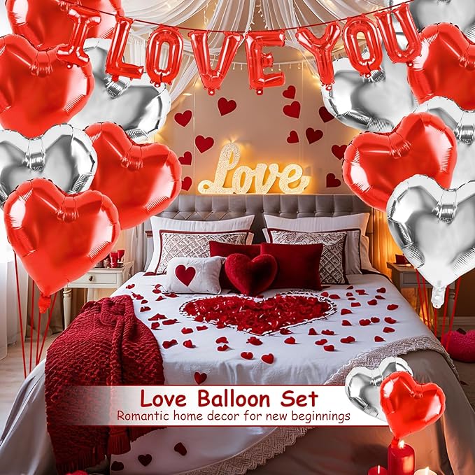 Happy Anniversary Balloon Kit Red and Silver I Love You Balloons Kit 18pcs Red Heart Foil Balloons Valentines Day Balloons Set Happy Anniversary Balloon Decorations for Wedding Bridal Shower