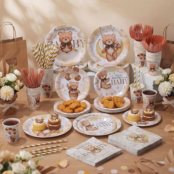 450 Pcs Brown Bear Baby Shower Tableware Set Decorations We Can Bearly Wait Paper Plates Napkins Cups Cutlery Straws for Boho Gender Neutral Reveal Birthday Party Supplies, Serves 50
