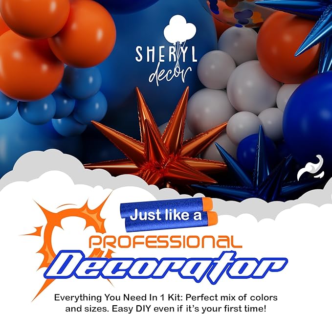 ALL-IN-1 Blue and Orange White Balloons Arch Kit & Garland – Small and Large White Oranges & Blues Balloons – Orange and Blue Party Decorations & Supplies for Birthday Party, Nerf, Blippi, Graduation