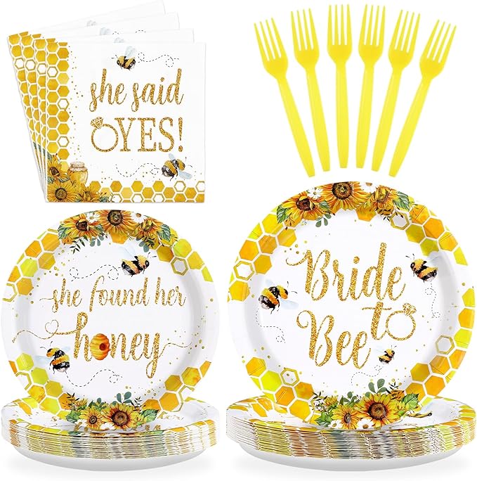 96Pcs Bride to Bee Bridal Shower Party Decorations She Found Her Honey Bee Plates and Napkins Set Said Yes Engagement Decoration Favors for Valentine's Day Wedding Bridal Shower Married Party Serve 24