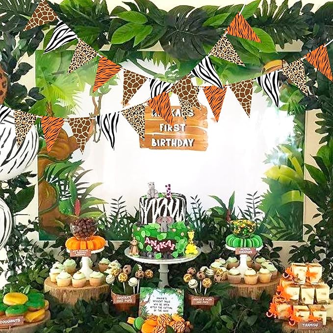 2 Pieces Animal Print Pennant Banner Jungle Theme Party Supplies Safari Birthday Party Decorations, Jungle Safari Birthday Banner for Animal Zoo Party Decor