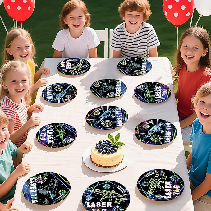 60 Pcs Laser Tag Paper Plates 7" Disposable Heavy Duty Neon Glow Shooting Game Theme Plates Laser Tag Party Tableware Set for Kids Boys Birthday Decorations Party Supplies