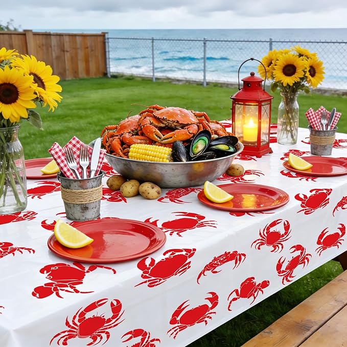 4 Pack Crab Tablecloths Plastic Red Lobster Crab Boil Table Cover for Birthday Party Decorations Seafood Festivals Potluck Barbecue Supplies, 87 x 51 inches