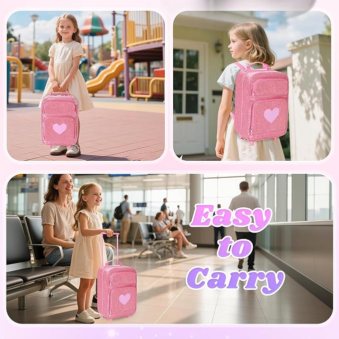 LoDrid Travel Backpack Compatible with Barbie Dolls 12-inch, Doll Carrying Case with Wheels, Suitcase Storage Organizer with Multiple Pockets for Doll Clothes and Accessories, Pink, Bag Only