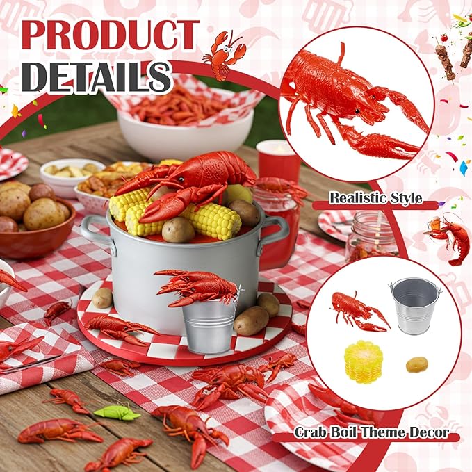 13 Pcs Crawfish Boil Party Supplies Fake Crawfish Party Decorations Lobster Cake Toppers Plastic Crayfish Potato Corn Metal Pail for Lobster Theme Birthday Festival Potluck