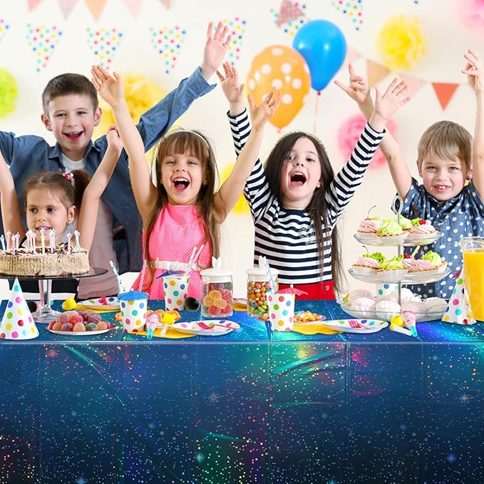 2Pcs Iridescent Space Tablecloths, Disposable Plastic Blue Galaxy Table Cloth Rectangle Table Covers for Space Starry Night Star Theme Party Birthday Party Decorations, 54x108 Inch