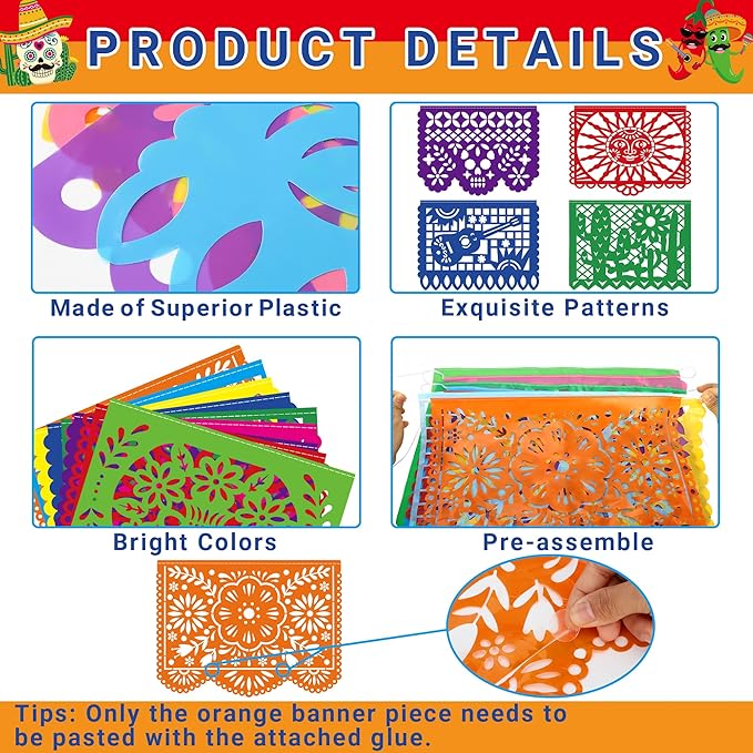 20 Pack Cinco De Mayo Banner, 360 FT Fiesta Banner Mexican Party Decorations Plastic Papel Picado Double Side Indoor Outdoor Home Yard String Flags Dia De Los Muertos Day of the Dead Hanging Decor