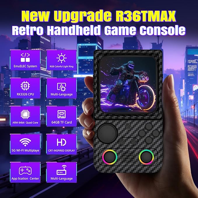 R36TMAX Retro Gaming Console, 4.0'' IPS Screen, Retro Handheld Game Console with 18000+ Classic Games Supports WiFi Networked Fighting and OTG, 4000mAh Battery, with Portable Case(Carbon Black 64GB)