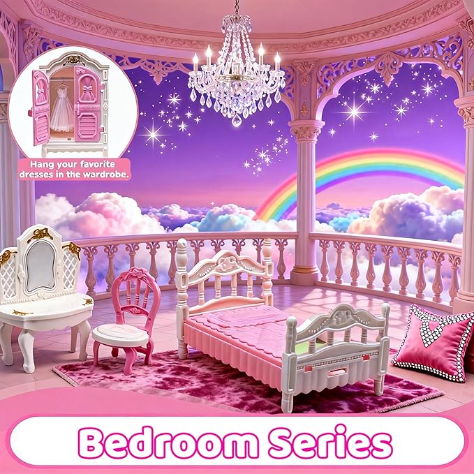 52 Pcs Dollhouse Furniture, Doll House Accessories and Furniture, Kitchen, Bedroom, Living Room, Bathroom Accessories, Miniature Dollhouse Accessories