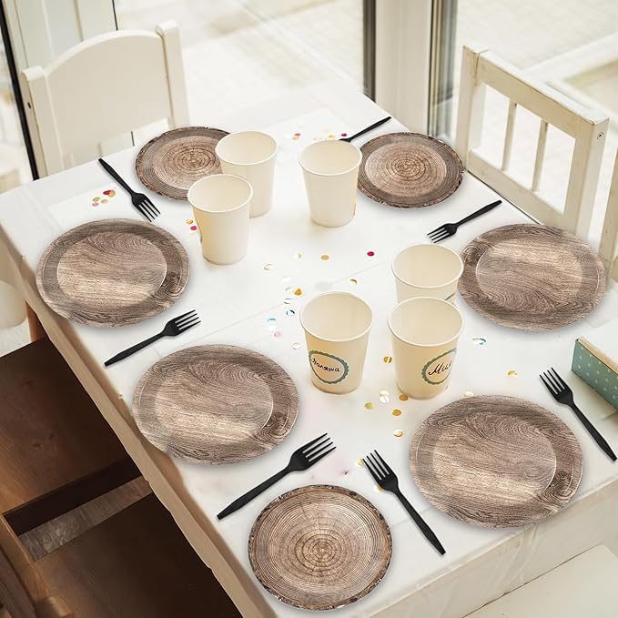 gisgfim 48 Pcs Rustic Wooden Tree Party Plates Supplies Tableware Set Lumberjack Party Decorations Camping Hunting Theme Party Table Supplies Favors Decors for Guests