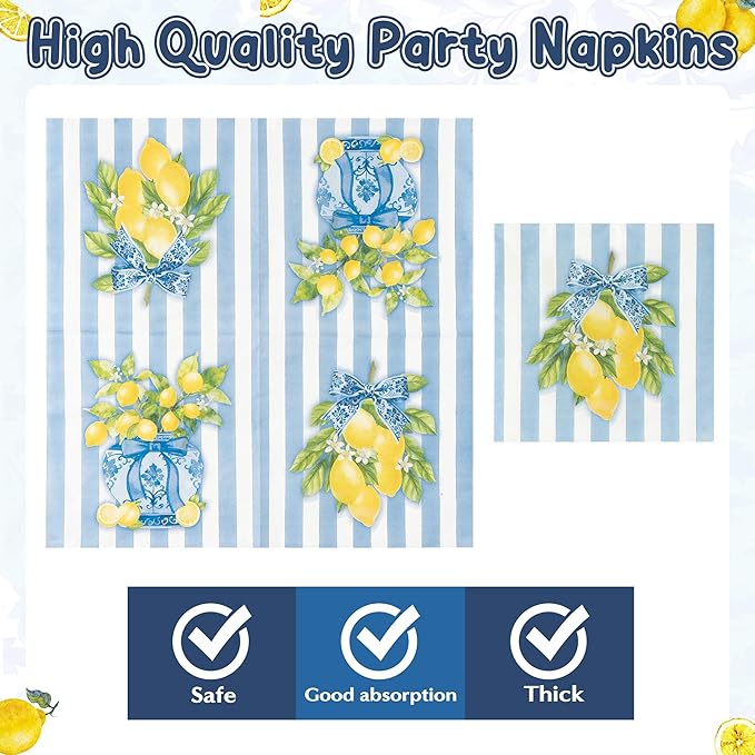 96Pcs Chinoiserie Vase Lemon Party Plates Supplies Capri Lemon Blue White Vase Tableware Decorations Disposable Paper Plates Napkins Forks for Birthday Summer Party Wedding, Serves 24