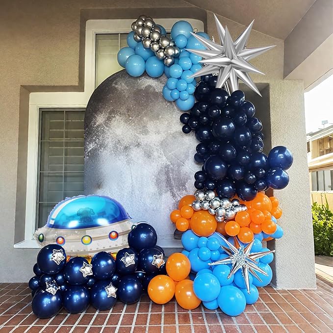 Outer Space Balloons, 12 Inch Orange Metallic Silver Blue Dark Blue Balloons with UFO and Silver Star Foil Balloon for Boys Galaxy Birthday Baby Shower Space Themed Party Decorations