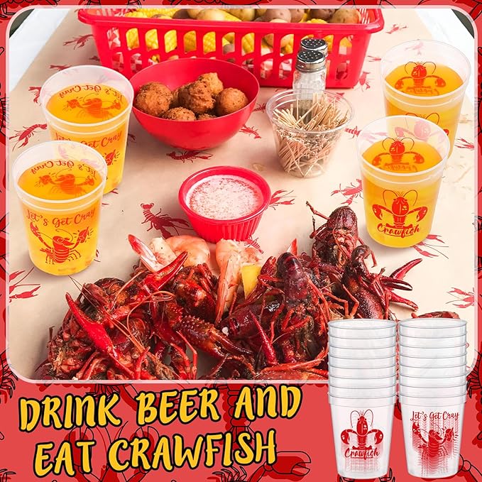 24 Pcs Plastic Crawfish Cups 16 oz Reusable Thick Crawfish Boil Party Supplies Clear Drinking Cups for Birthday Lobster Seafood Party Decorations Favors Gift