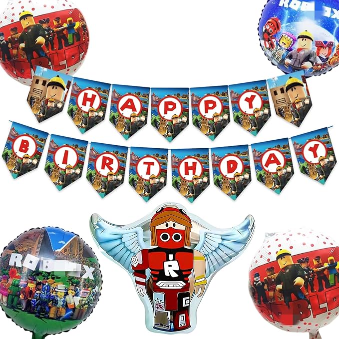 6Pcs Roblo-x Party Supplies Include Happy Birthday Banner,Foil Balloons For Birthday Roblo-x Party Decoration