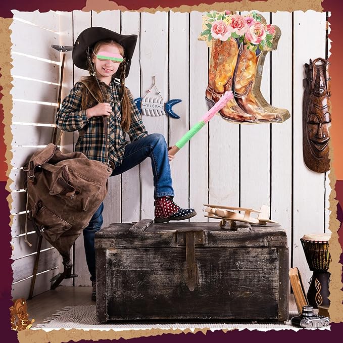 Pajean Cowgirl Boot Piñata Set Cute Western Piñata with Stick Blindfold Photo Prop Gift Holder for Girls Kids Bridal Shower Birthday Baby Shower Horse Racing Party Decoration Supplies