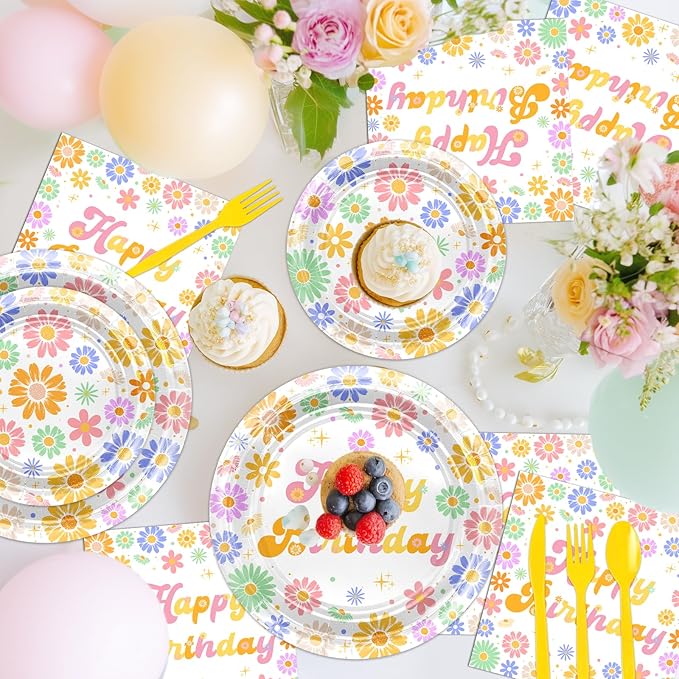 Avezano 168 PCS Daisy Birthday Party Decorations Retro Hippie Plates Napkins Tableware Set for Groovy Daisy Birthday Party Supplies, Serves 24