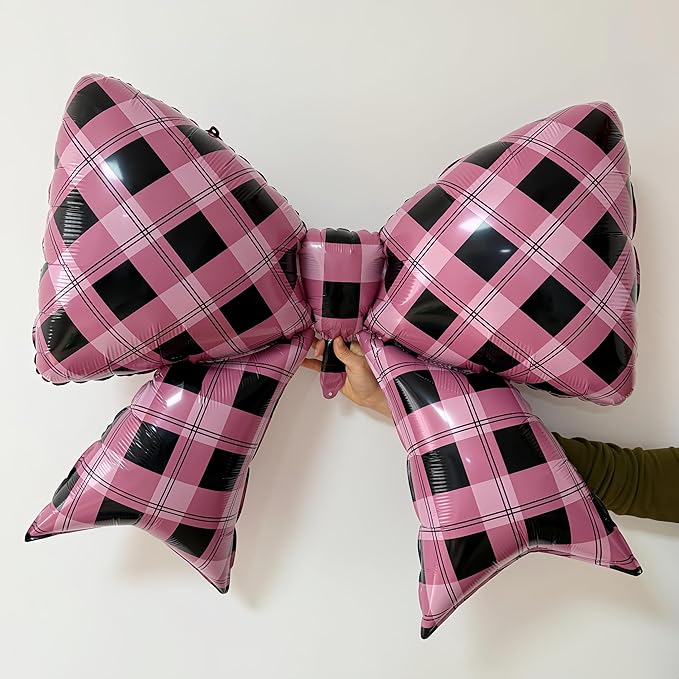 4Pcs Pink Black Gingham Bow Balloons/Sweet Sassy Y2K Party Decor/Bad Two The Bone Party/Korean Idol Demon Hunters/Little Devil Aesthetic/Bad Girl Birthday/Checkered Plaid Foil Balloon/Night Out Decor