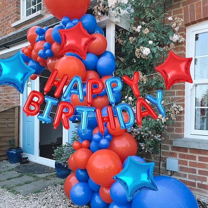 29PC Blue and Red Happy Birthday Balloon Banner, 16Inch 3D Aluminum Letter Banner Sign, Red Blue and Silver Balloons 18 Inch Star Foil Balloon for Women, Men Party Supply