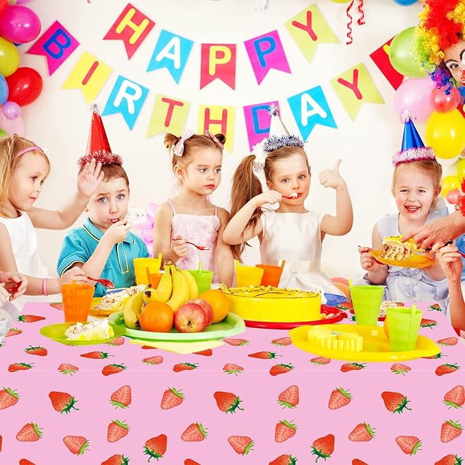 PHOGARY 2 PCS Strawberry Tablecloth for Strawberry Party Decorations, Disposable Plastic Rectangle Berry First Birthday Table Cloth for Kids Girls Berry Birthday Decorations Baby Shower 54"X108"