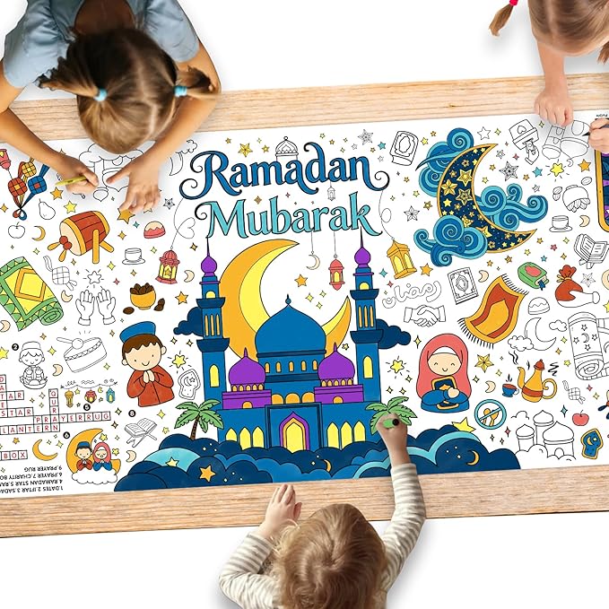 Gatherfun Ramadan Activity Poster & Home Decor - 31.5 x 72 Coloring Banner/Table Cover for Eid Mubarak Decoration, for School Parties & Ramadan Decoration