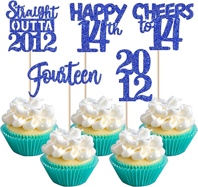 30 PCS 14th Birthday Cupcake Toppers Glitter Fourteen Happy 14 Straight Outta 2012 Cupcake Picks for Cheers to 14 Fabulous 14th Birthday Anniversary Party Cake Decorations Supplier Blue