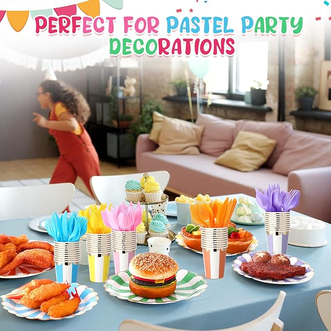 Mimorou 300 Pcs Pastel Scalloped Paper Plates Disposable Macaron Party Plates 7 Inch Gold Edge Colorful Dinnerware Set Striped Pastel Rainbow Tableware for Wedding Birthday Baby Shower Party Supplies