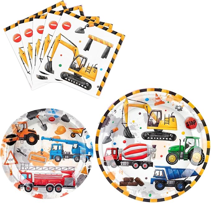 WERNNSAI Construction Birthday Supplies - 48PCS Construction Party Plates and Napkins Truck Theme Party Supplies Dump Truck Party Tableware Set for Boys Kids Baby Shower Birthday Serves 16 Guests