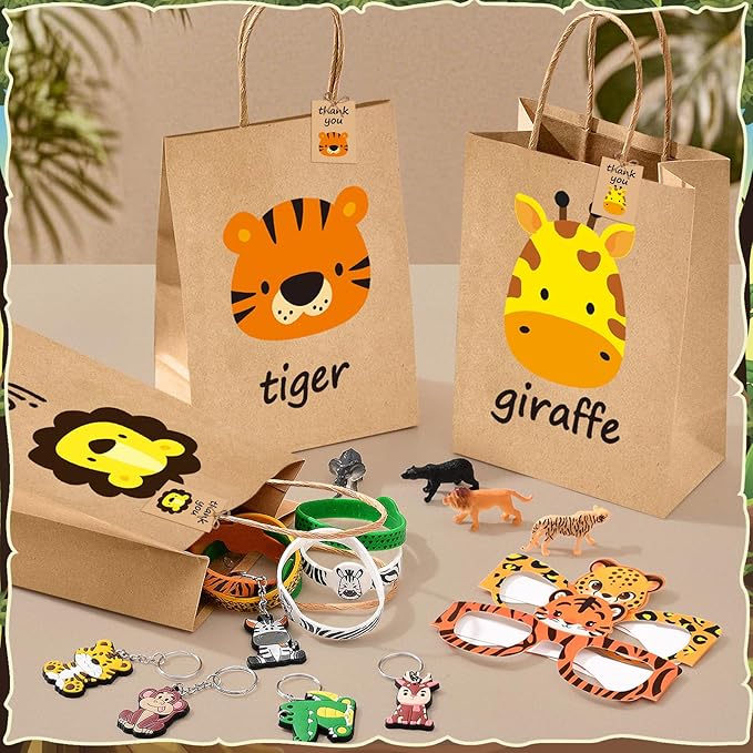 Winrayk 12 Sets Jungle Safari Party Favors Wild Animals Birthday Supplies, Tote Bag Paper Glasses Animal Figure Silicone Wristband Keychain, Goodie Bag Stuffers Kids Girl Boy Safari Jungle Party Decor