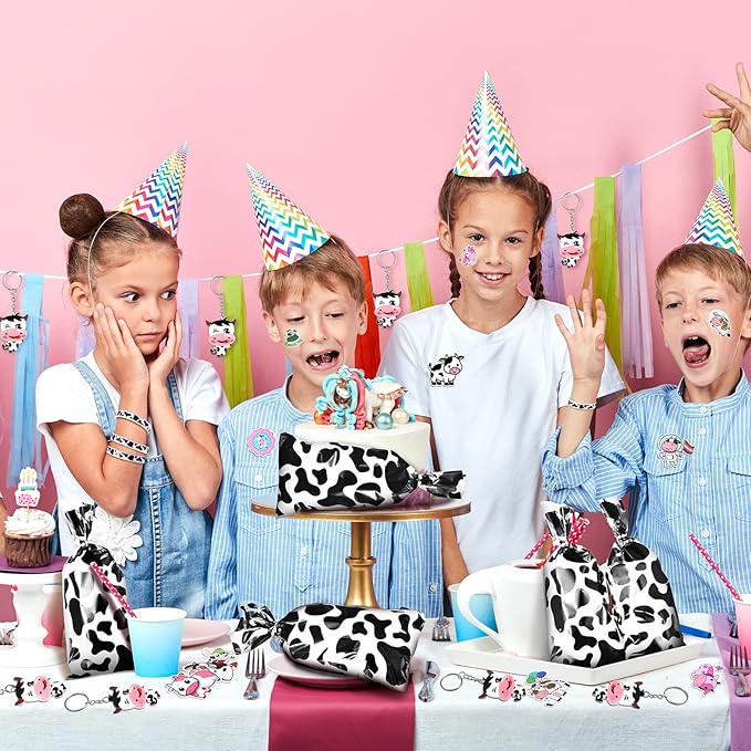 Chunful 148 Pcs Cow Party Favors Include Cow Print Gift Bag Cute Keychain Elastic Silicone Bracelets Animal Stickers for Birthday Party Supplies