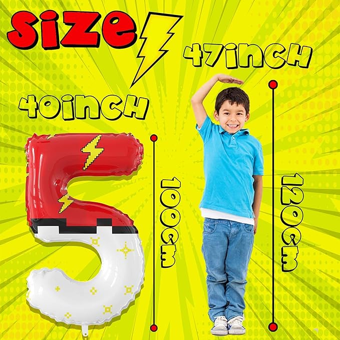 40 Inch Red White Cartoon Theme Number Balloons Large Birthday Party Number Balloons Cartoon Animation for Kids Birthday Party Decoration Supplies (Number 5)