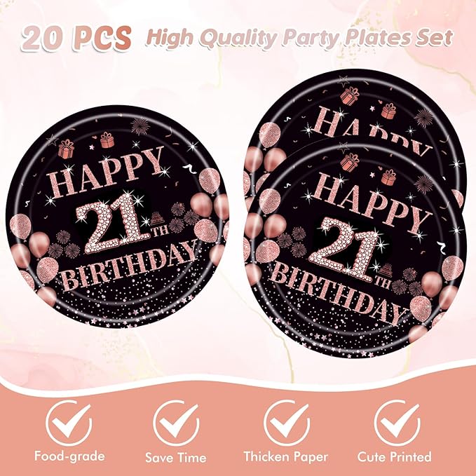41Pcs 21st Birthday Tableware Decorations for Women Girls Rose Gold Happy 21 Birthday Party Supplies for Her Includes Tablecloth,Plates,Napkins for Sweet Girls 21st Birthday Party