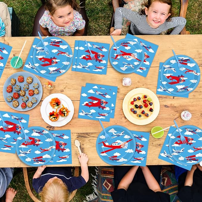 Qyeahkj 50 Guests Airplane Party Plates and Napkins Tableware Set Plane Birthday Party Supplies Blue Helicopter Dinnerware Favors Decorations for Baby Shower Boys Kids