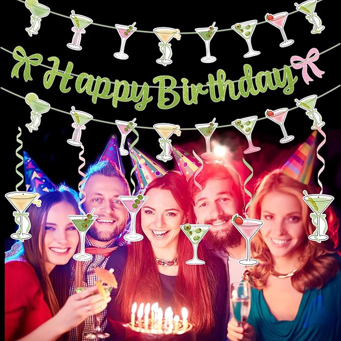 Martini Cocktail Cups Themed Party Decorations - 1pcs Glitter Green Happy Birthday Banner, 2pcs Martini Cocktail Cups Theme Banner Bunting Garlands, 6pcs Martini Themed Hanging Swirls(6 styles)