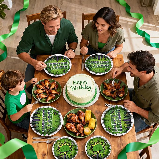 96Pcs Green Hero Birthday Party Supplies Super Green Hero Birthday Plates and Napkins Cityscape Super Bang Cartoon Movie Themed Tableware Set for Kids Boys Party Supplies，Serves 24