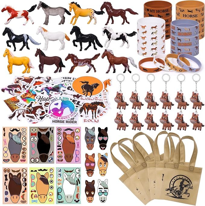 Winrayk 110Pcs Horse Birthday Party Favors Supplies, Non-Woven Gift Bags Mini Figurines Make Your Own Stickers, Gifts Toys Kids Western Cowboy Cowgirl Farm Animals Horse Birthday Party Supplies Decor