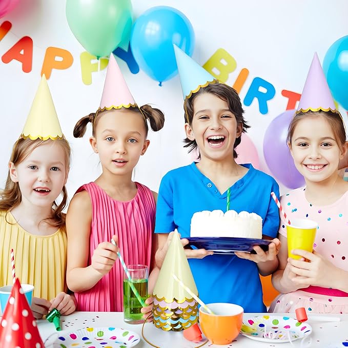 24 Pcs Pastel Birthday Party Hats Colorful Cone Birthday Hats Rainbow Cone Paper Hat with Elastic String for Baby Shower Bridal Wedding Party Supplies