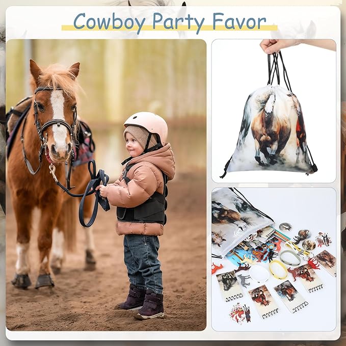 114 Pcs Horse Themed Party Favor Supplies with Drawstring Bag Mini Figurines Keychain Silicone Bracelets Badges Puzzle Stickers Notepads Soft Pencils for Horses Birthday Party Decoration