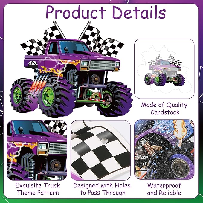 Pasimy 4 Pcs Monster Truck Birthday Banner Cars Truck Garland Black and White Checkered Flags Pennants Green Purple Happy Birthday Bunting Racing Car Theme Party Decorations Supplies