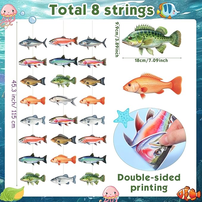 Pasimy 8 Pcs Fish Party Decoration Banner Fishing Garland Fisherman Birthday Party Photo Booth Fishing Supplies for Fisherman Competition Tournament Retirement Barbecue