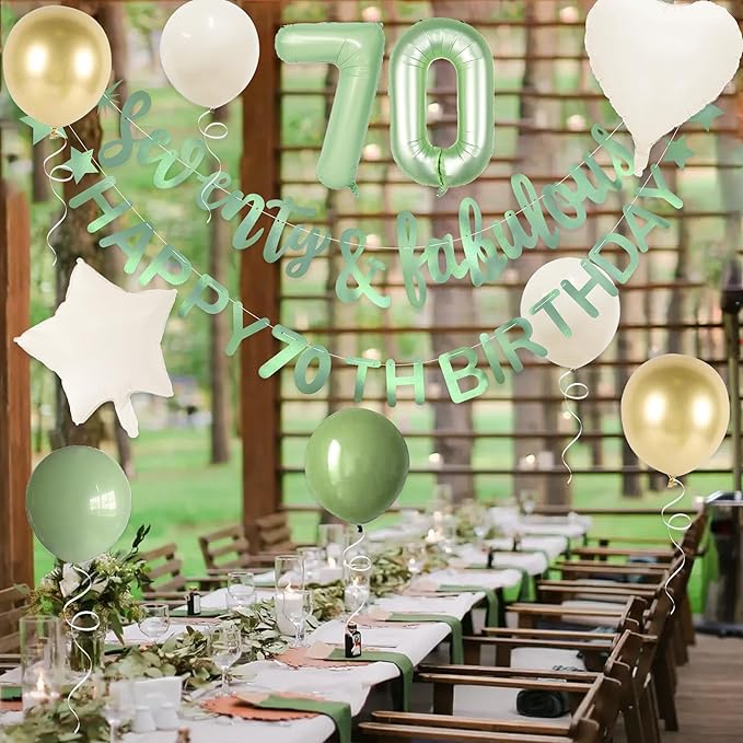 Sage Green Seventy & Fabulous Happy 70th Birthday Banner Garland Foil Balloon 70 for Womens 70th Birthday Decorations Hanging 70 and Fabulous Cheers to 70 Years Old Birthday Party Supplies Backdrop