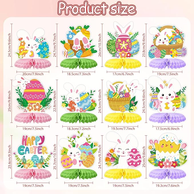 Tarklanda 12 Pcs Baby Shower Honeycomb Centerpieces 3D Easter Table Topper Honeycomb Decoration for Birthday Wedding Spring Party Supplies (Colorful Easter Bunny)