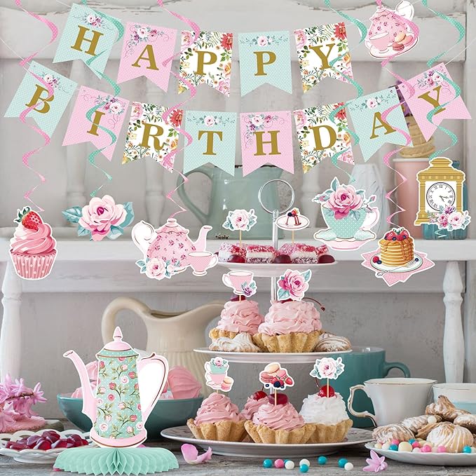 Zonon 40 Pcs Tea Party Birthday Decoration Set with Happy Birthday Banner, Cupcake Toppers, Table Centerpieces, Hanging Swirls Tea Party Supplies for Women Spring Floral Hanging Decor for Baby Shower