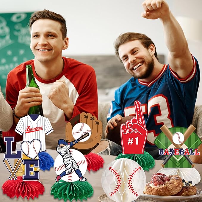 kockuu 12 Pcs Baseball Centerpieces for Party Table Decorations, Double-sided Baseball Honeycomb for Birthday Sports Theme Decor Supplies Favors