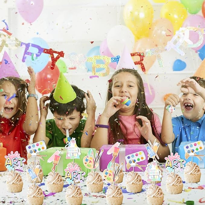 Art Birthday Party Decorations Girl - 24pcs Art Paint Party Cupcake Toppers, Pastel Rainbow Art Birthday Party Cake Decor for Crayon Painting Drawing Artist Birthday Party Supplies