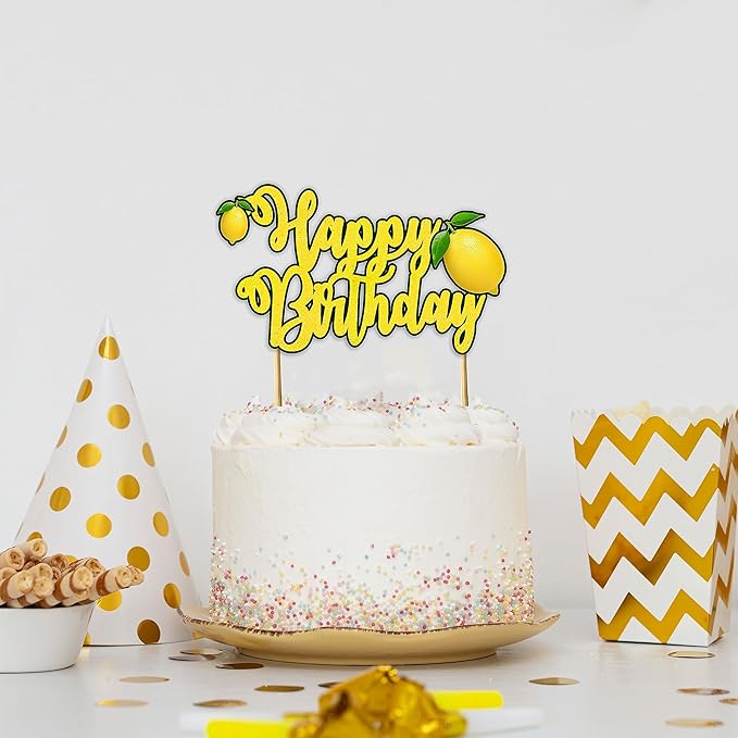 Lemon Happy Birthday Cake Topper – Fresh Fruit Theme Cake Decoration for Birthday Celebration, Lemon Inspired Dessert Topper for Party Cakes, Table Display Styling, Photo Setup.