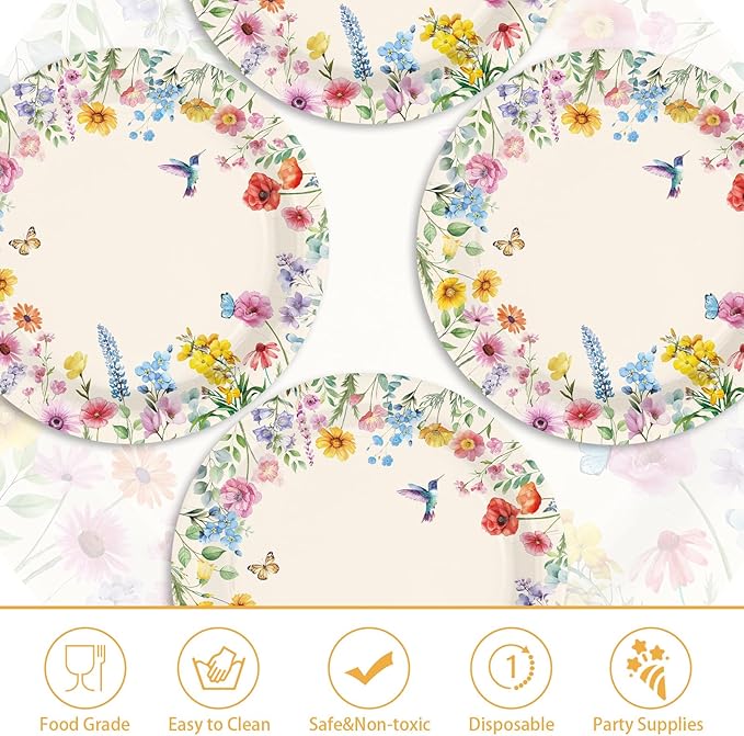 50 Pcs Wildflower Paper Plates 10" Large Vintage Wild Flower Dessert Plates Disposable Watercolor Floral Butterfly Bird Party Supplies for Spring Wedding Birthday Bridal Baby Shower Party Decorations