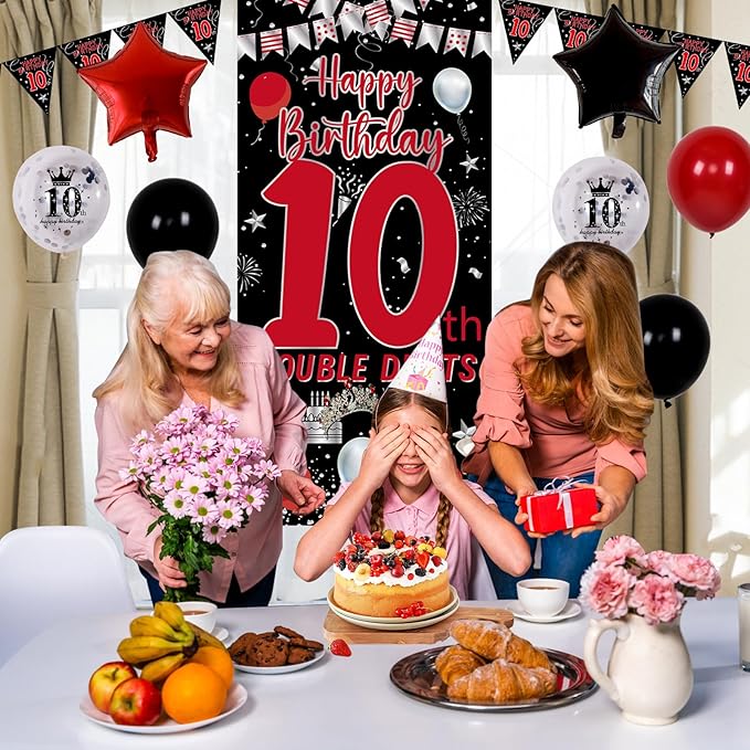 10th Birthday Decorations for Boys Girls, Double Digits Boy Red Black Happy 10th Birthday Decorations, 10 Year Old Birthday Door Banner Sign, Triangle Flag, Large 10 Balloons Decor Tenth Bday Party